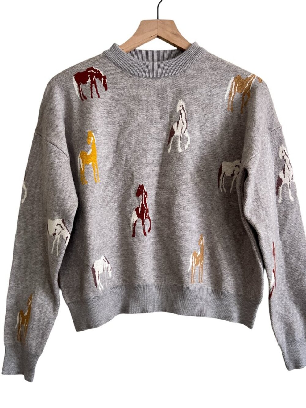 THML Heather Gray Horse Print Crew Neck Pullover Sweater - Picture 2 of 6